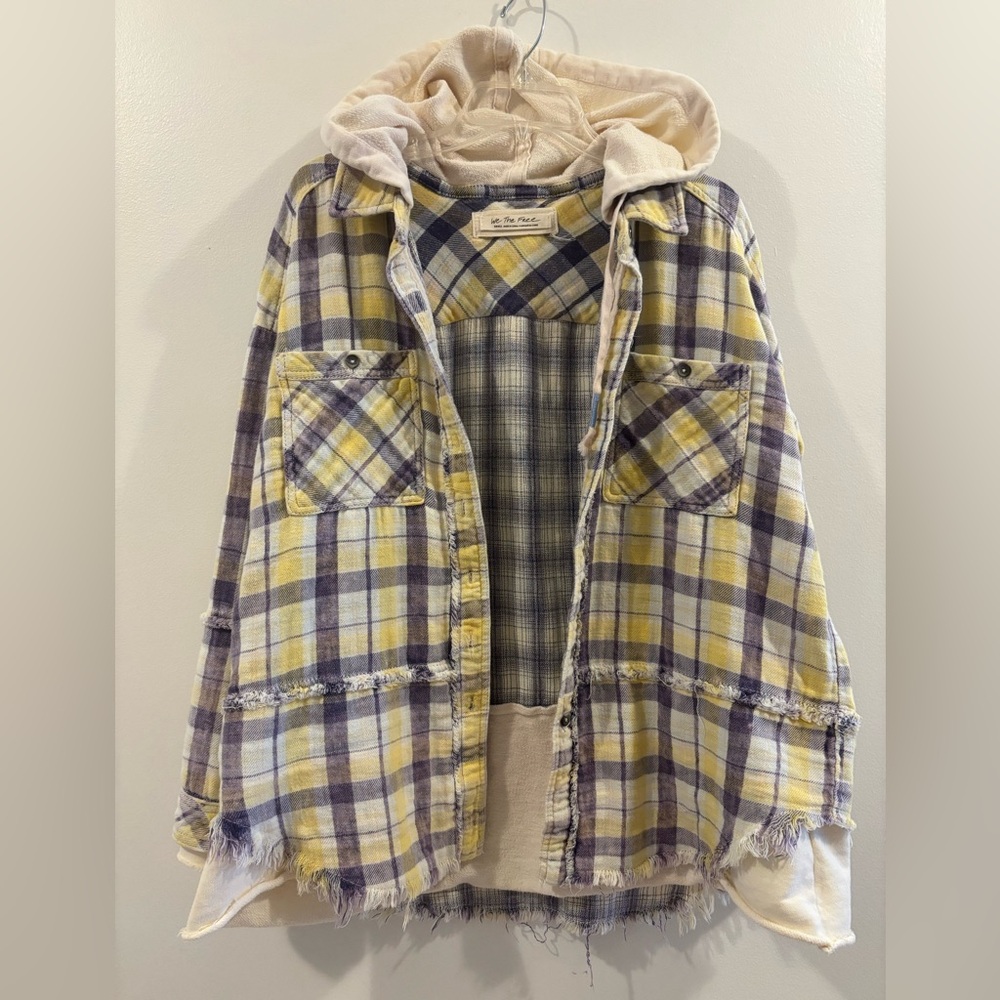 Free People We the Free Distressed Flannel French Terry Basin Hoodie Jacket S